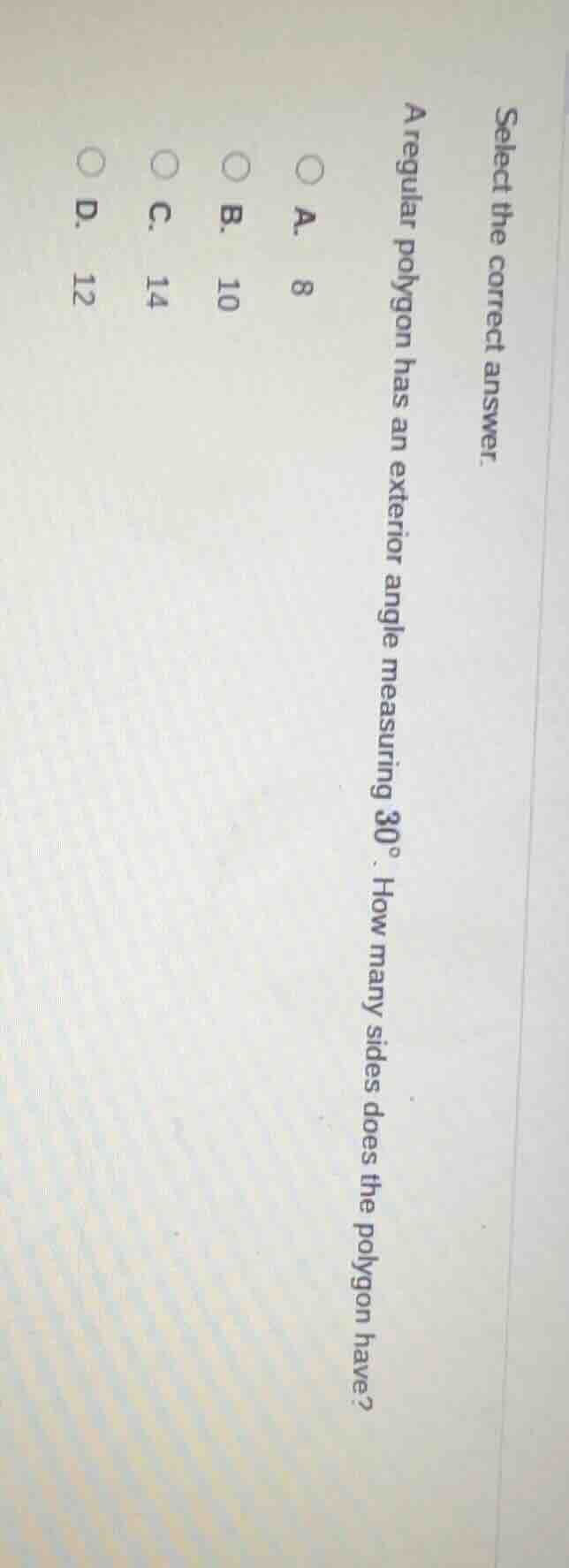 select the correct answer. a regular polygon has an exterior angle meas…