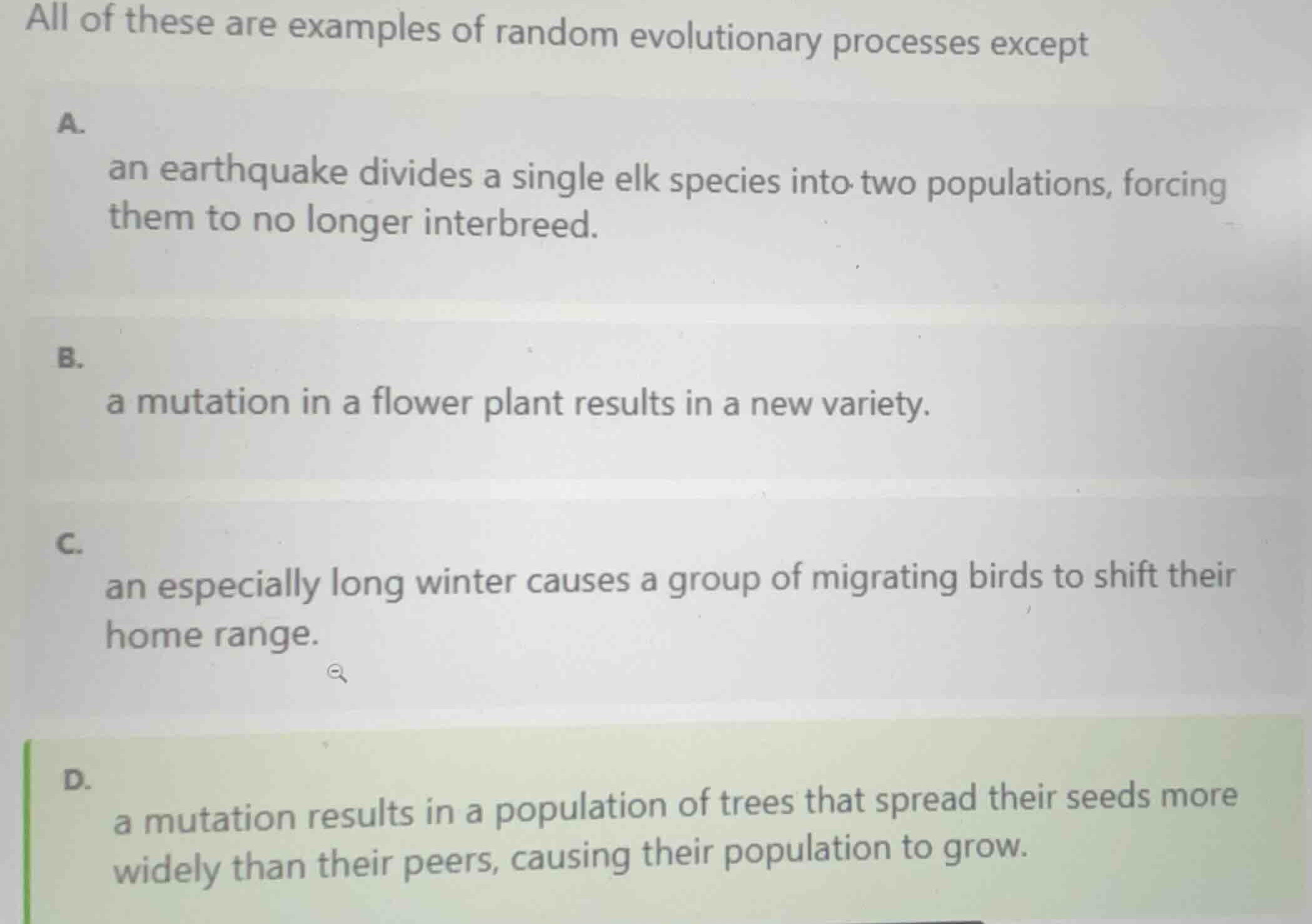 all of these are examples of random evolutionary processes except a. an…
