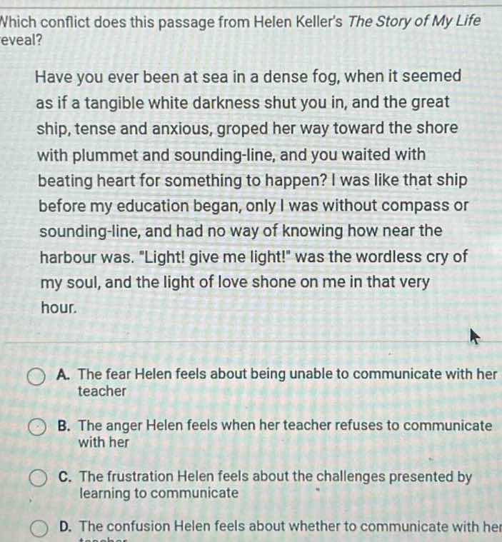 which conflict does this passage from helen kellers the story of my lif…