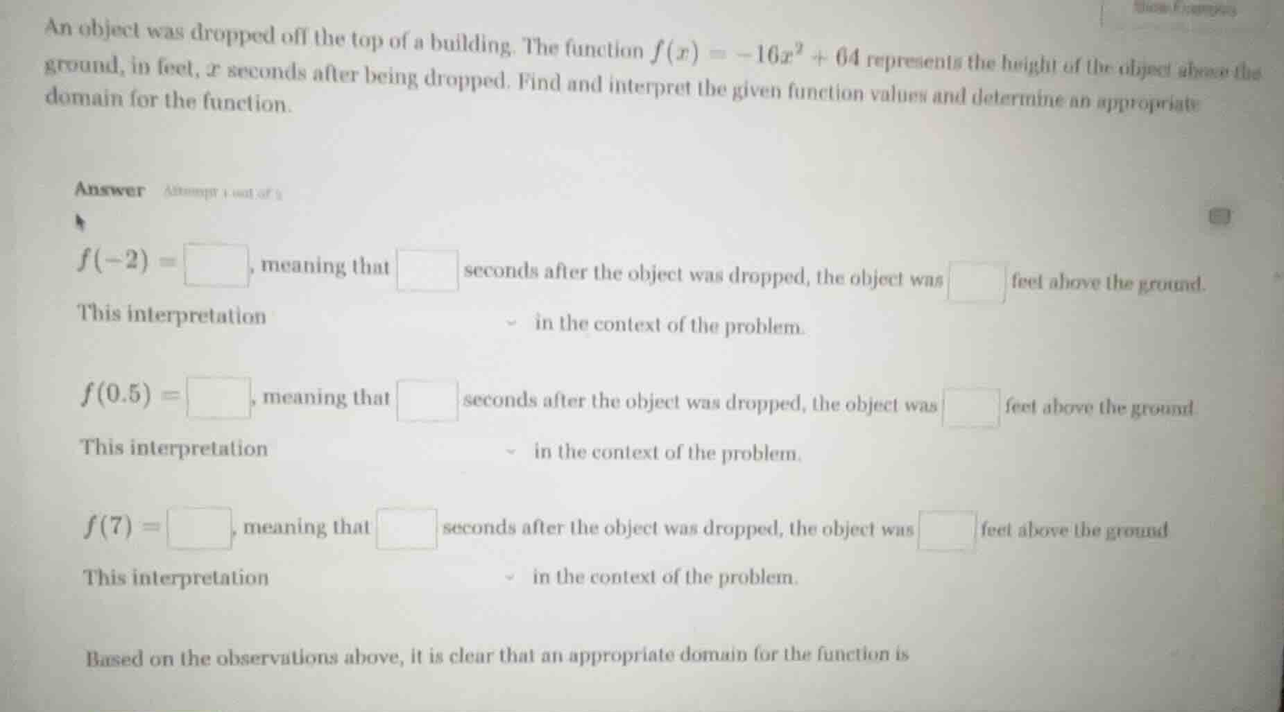 an object was dropped off the top of a building. the function $f(x) = -…