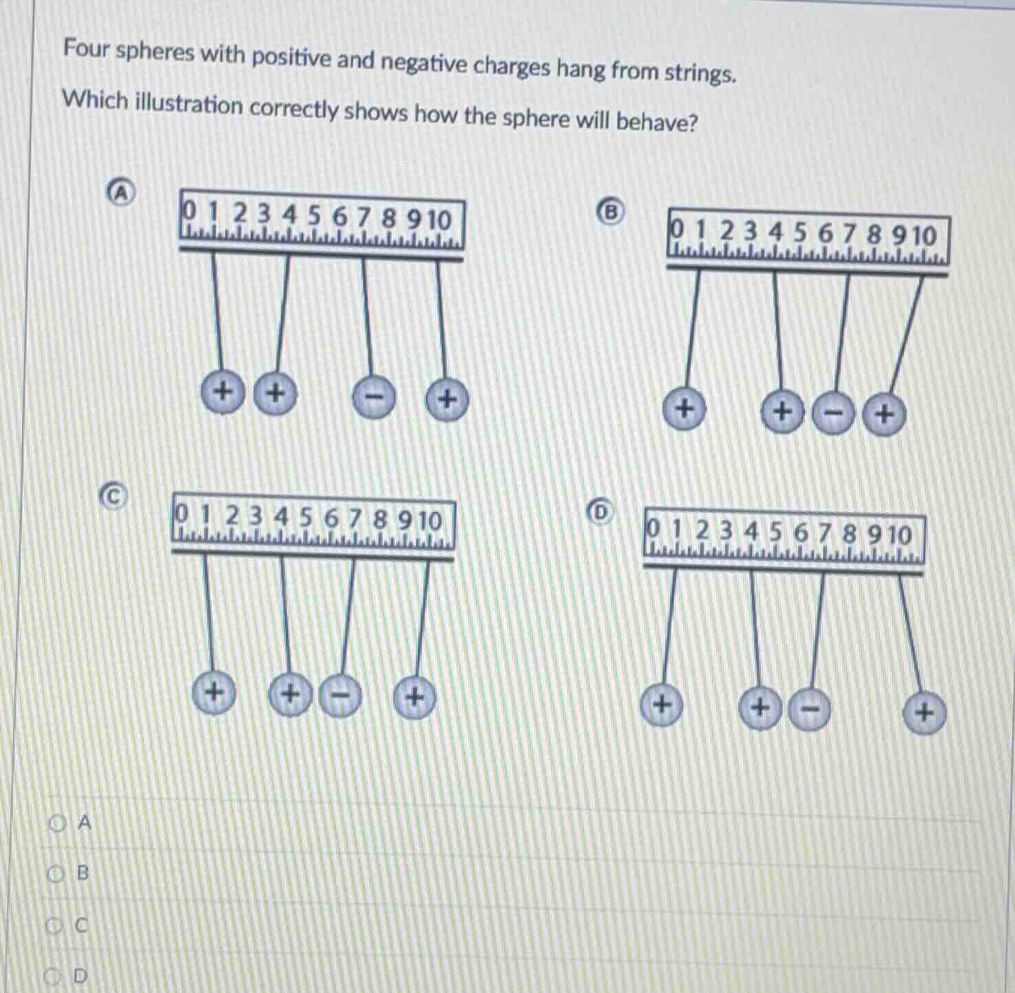 four spheres with positive and negative charges hang from strings. whic…