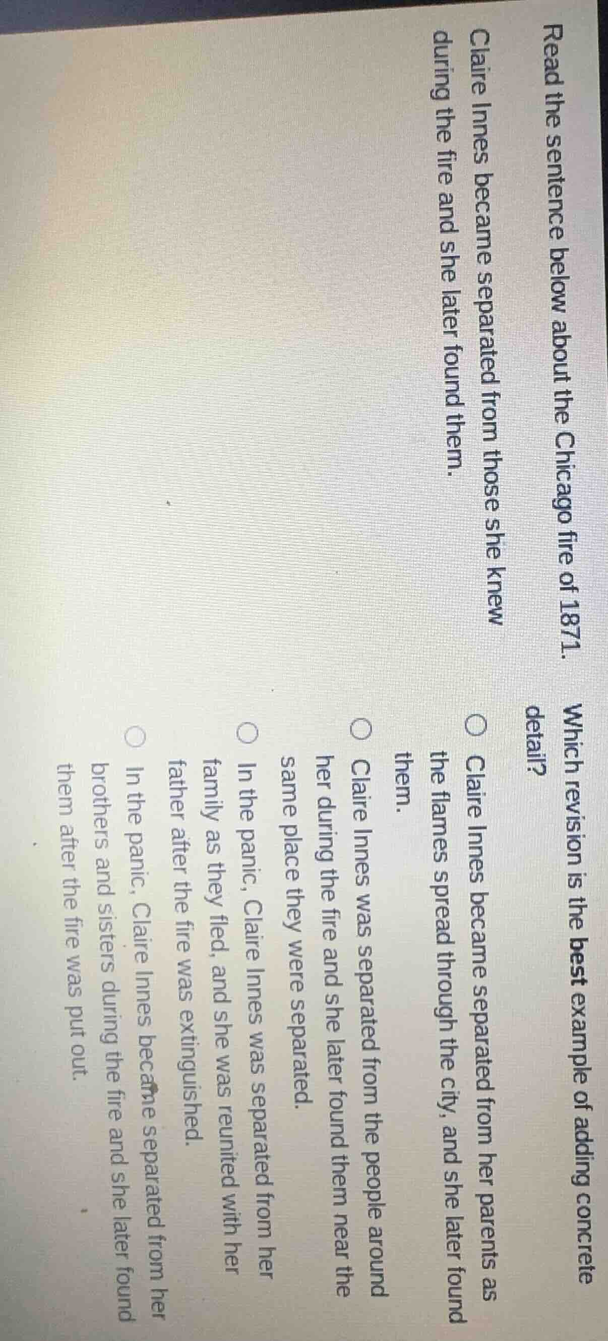 read the sentence below about the chicago fire of 1871. claire innes be…
