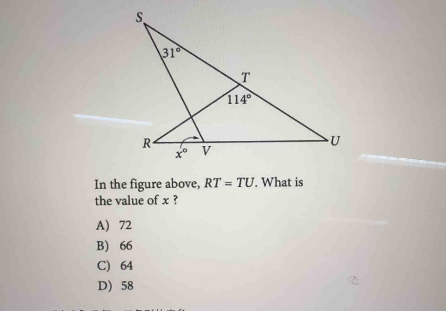 in the figure above, $rt = tu$. what is the value of $x$? a) 72 b) 66 c…