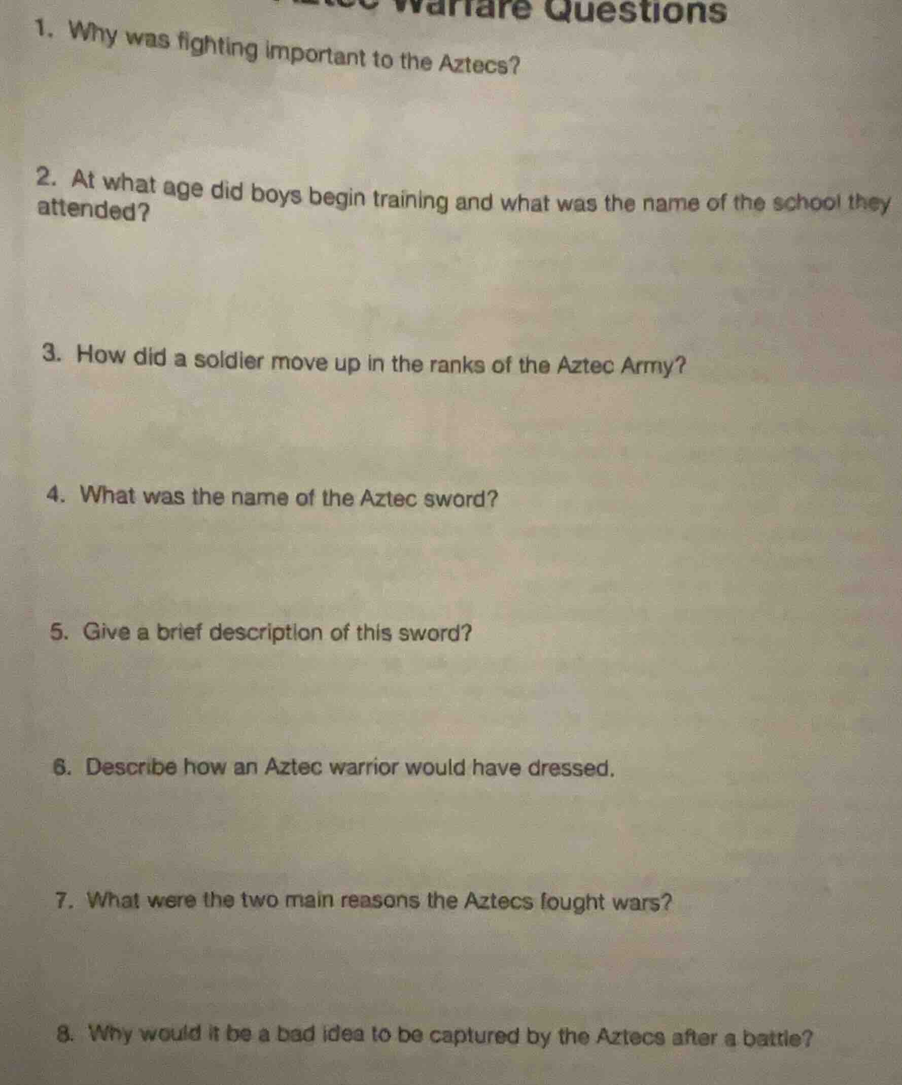 warfare questions 1. why was fighting important to the aztecs? 2. at wh…