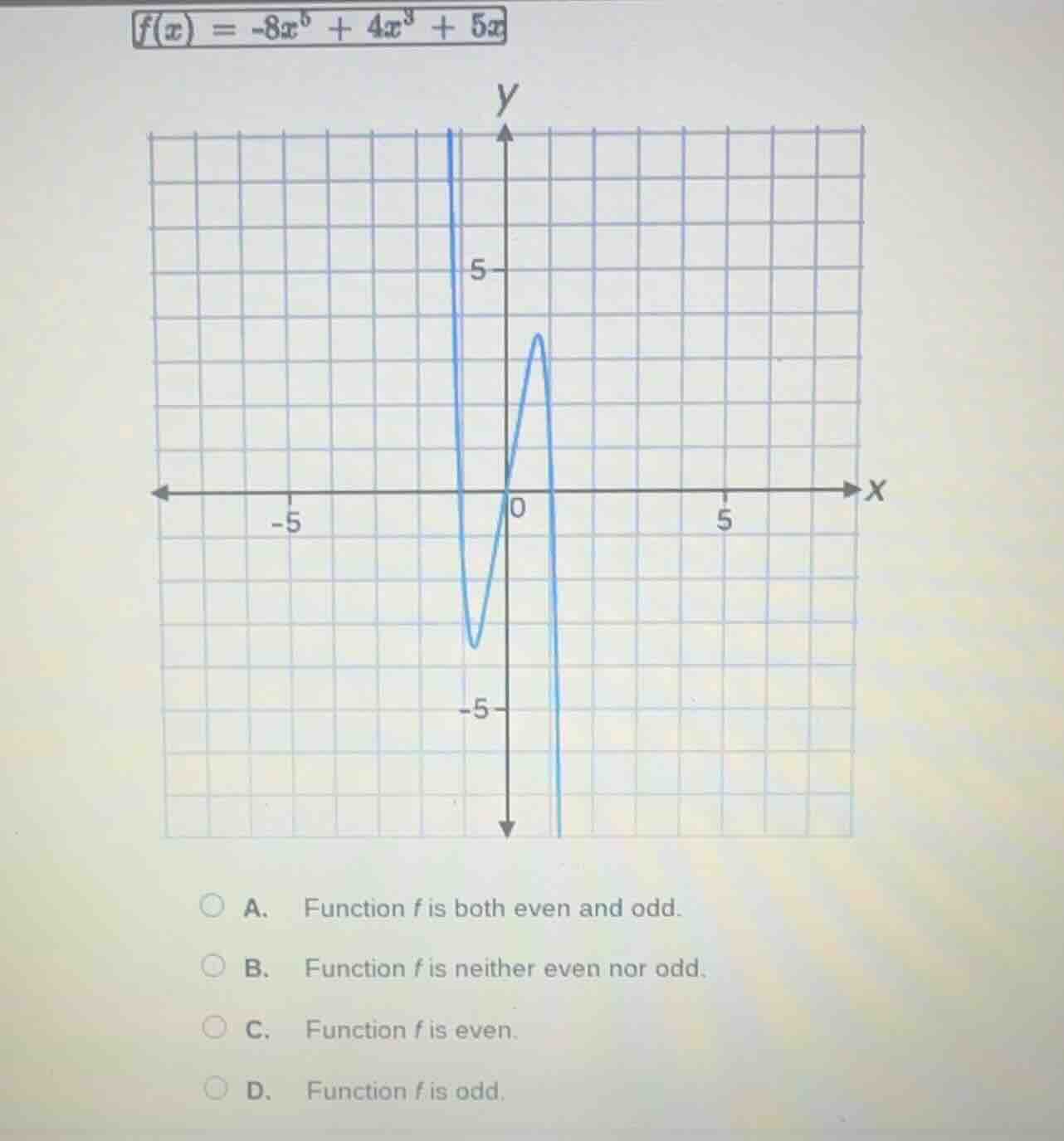 f(x) = -8x⁵ + 4x³ + 5x a. function f is both even and odd. b. function …