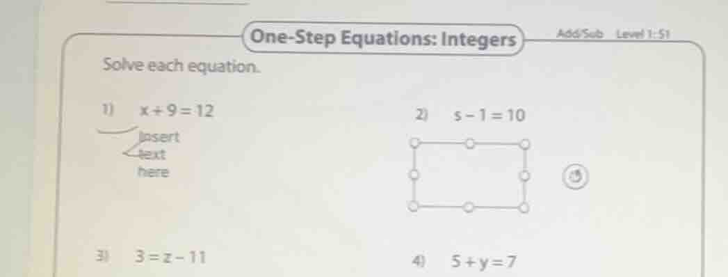 one-step equations: integers add/sub level 1: s1 solve each equation. 1…