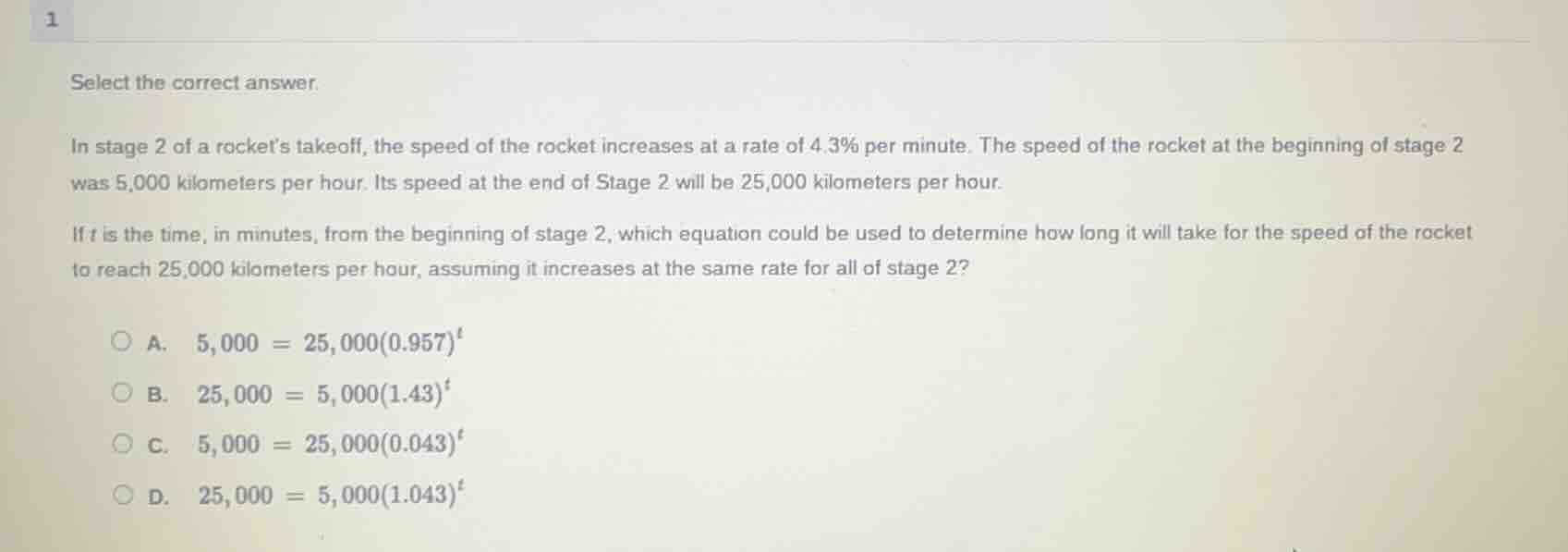 select the correct answer. in stage 2 of a rocket’s takeoff, the speed …