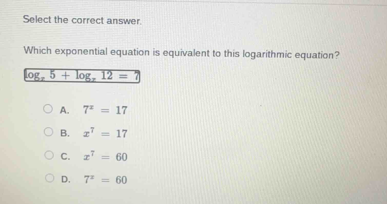 select the correct answer. which exponential equation is equivalent to …
