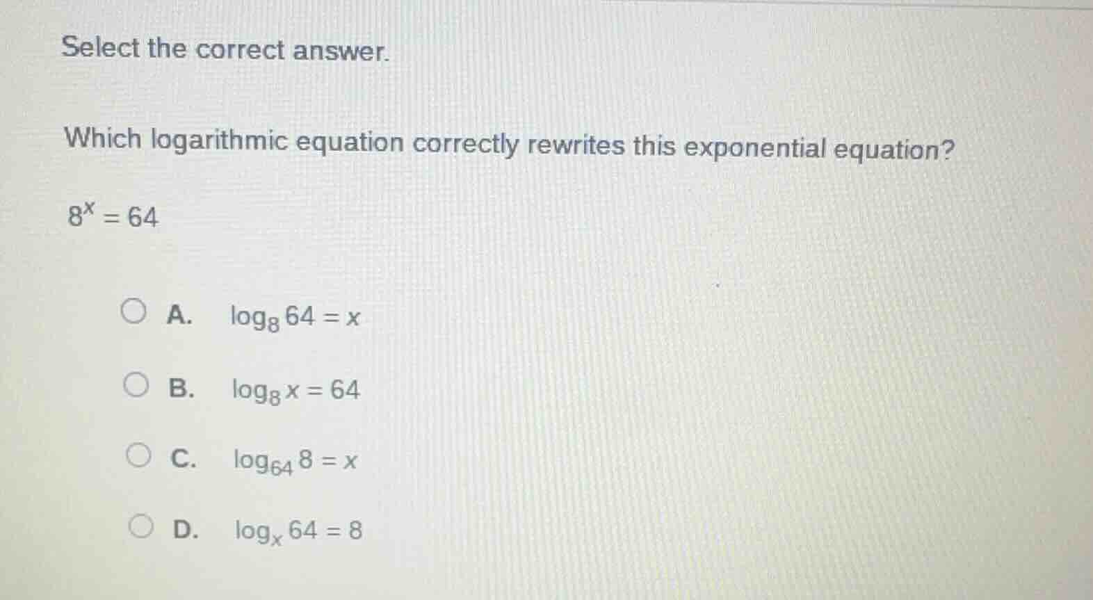 select the correct answer. which logarithmic equation correctly rewrite…