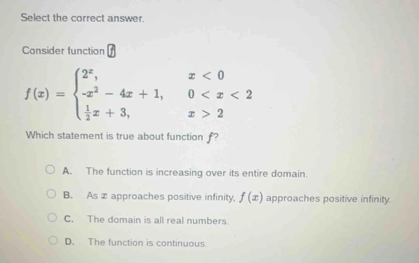 select the correct answer. consider function ( f(x) = \begin{cases} 2^x…