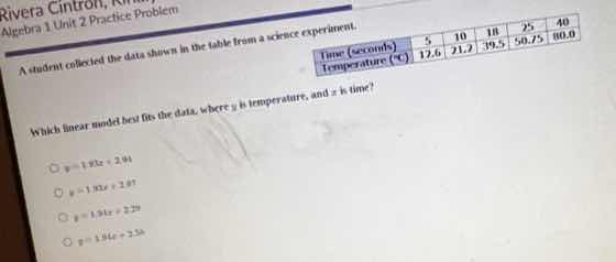 rivera cintron algebra 1 unit 2 practice problem a student collected th…