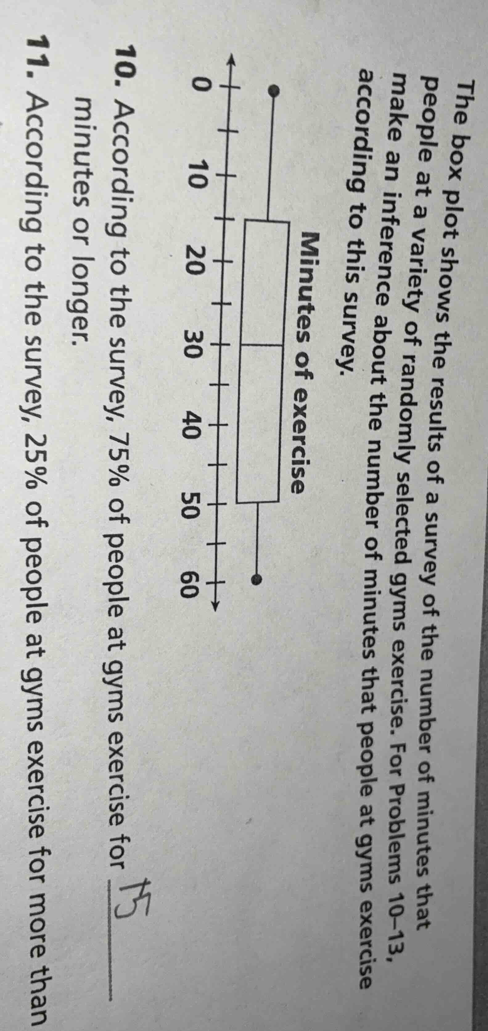 the box plot shows the results of a survey of the number of minutes tha…