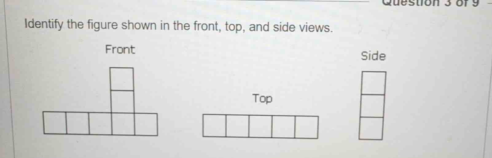 identify the figure shown in the front, top, and side views.