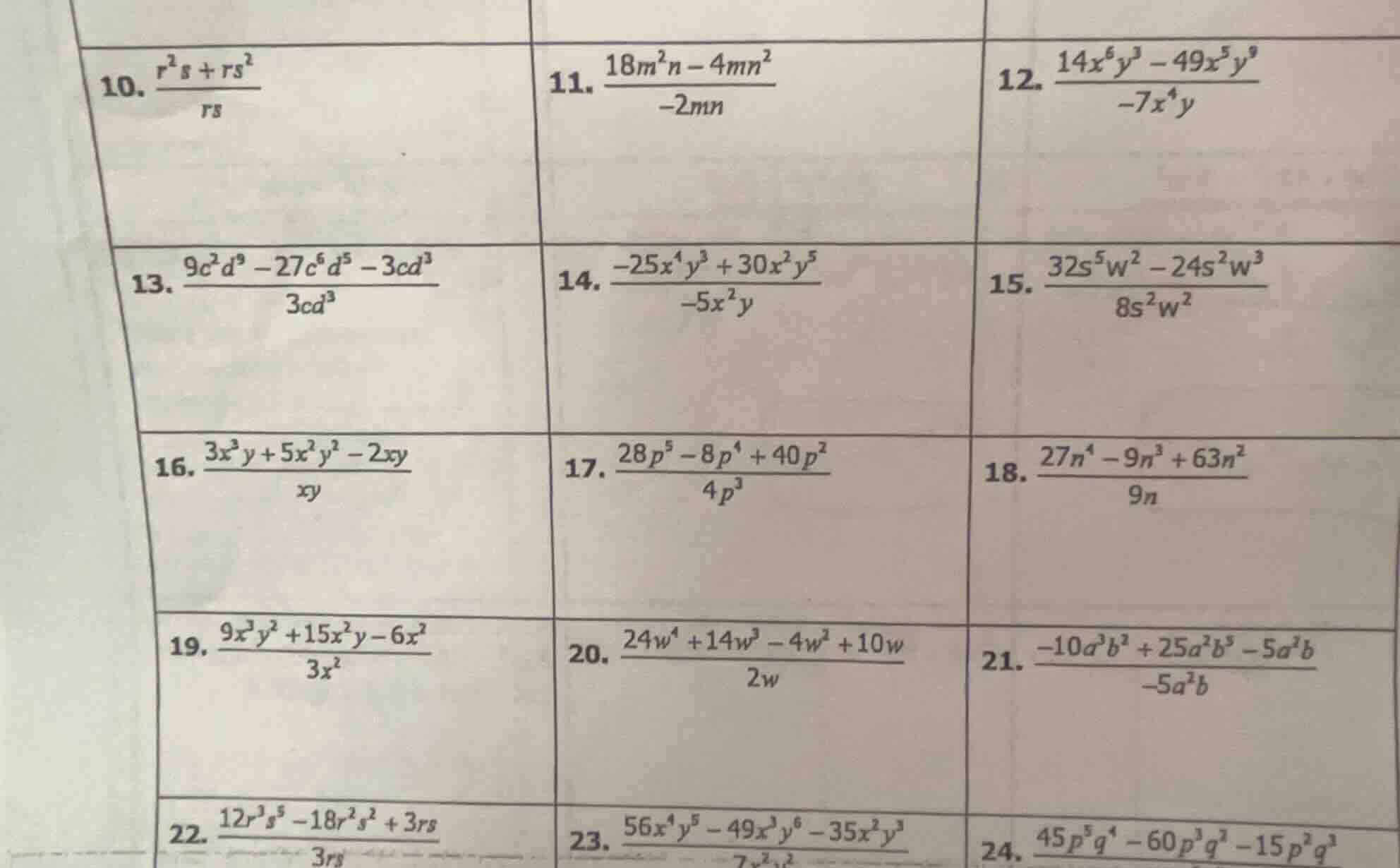 10. \\(\frac{r^2s + rs^2}{rs}\\)\ 11. \\(\frac{18m^2n - 4mn^2}{-2mn}\\)…