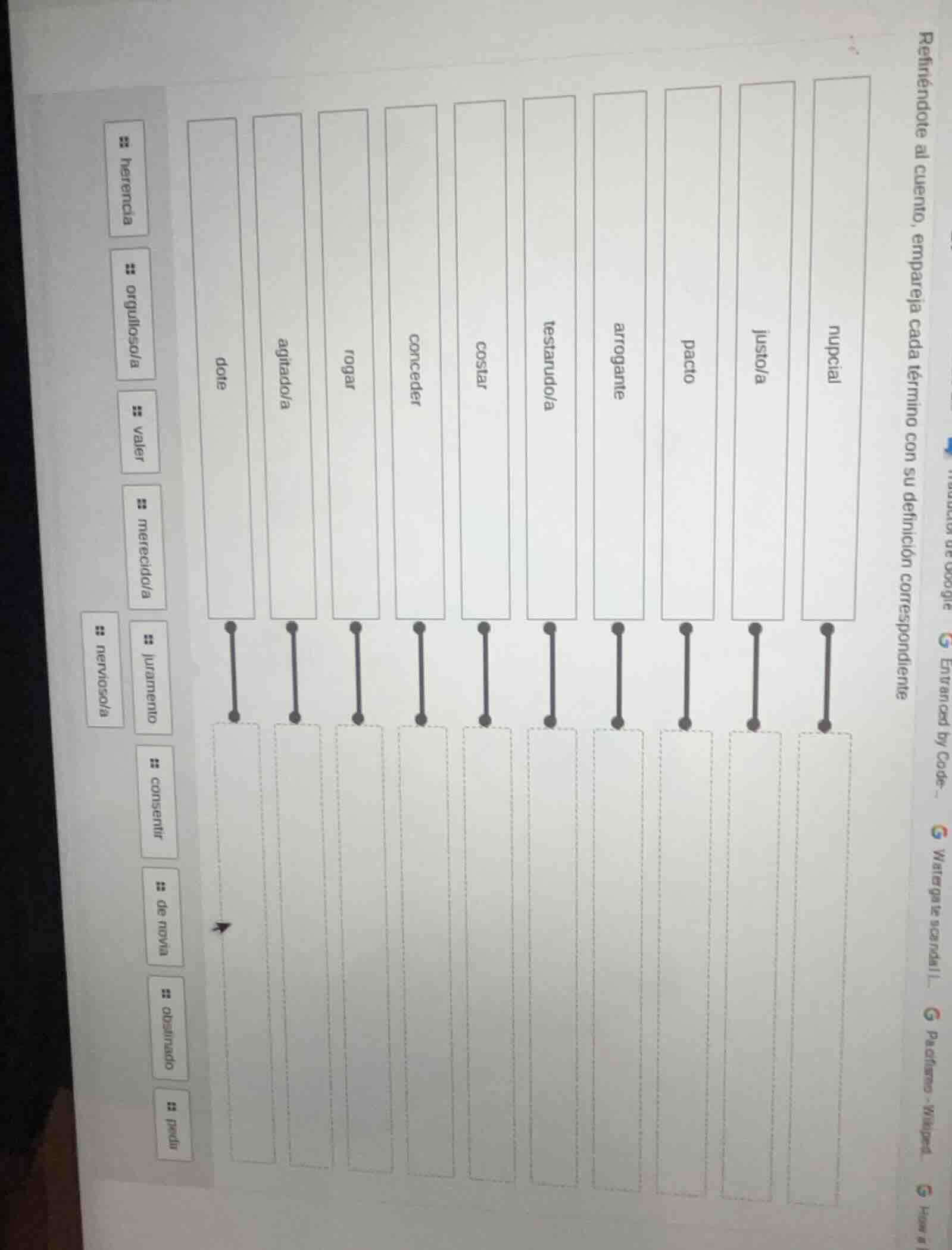 refiriéndote al cuento, empareja cada término con su definición corresp…