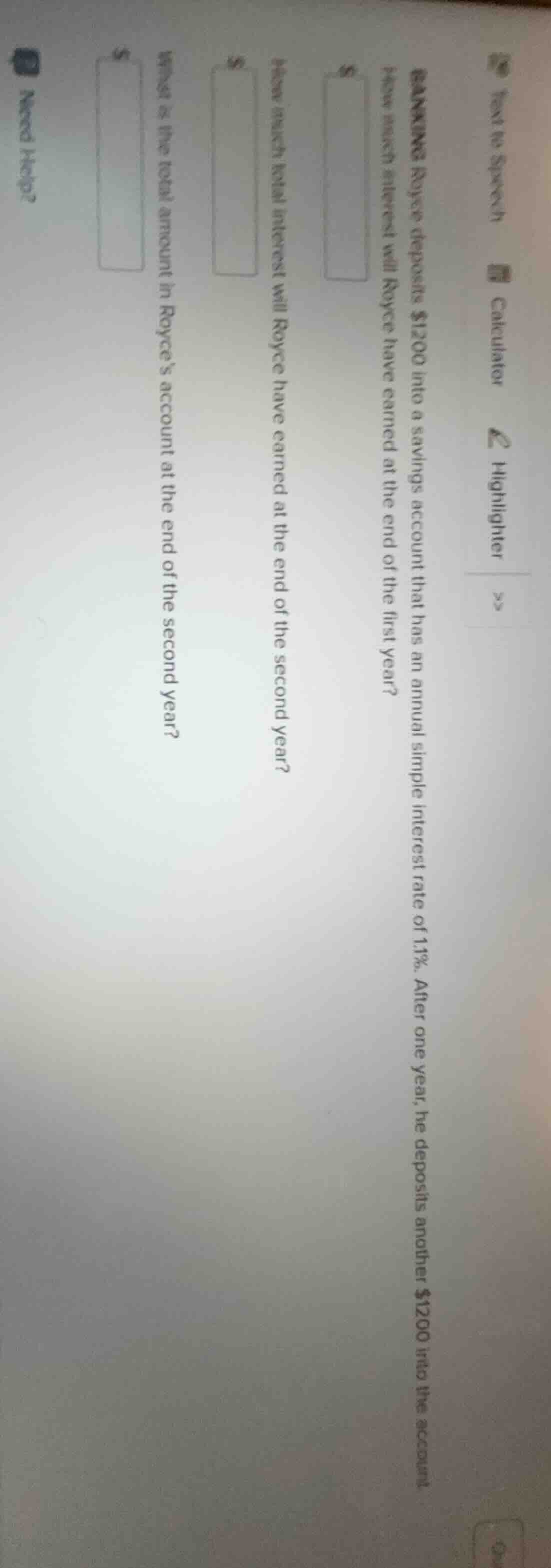 royce deposits $1200 into a savings account that has an annual simple i…