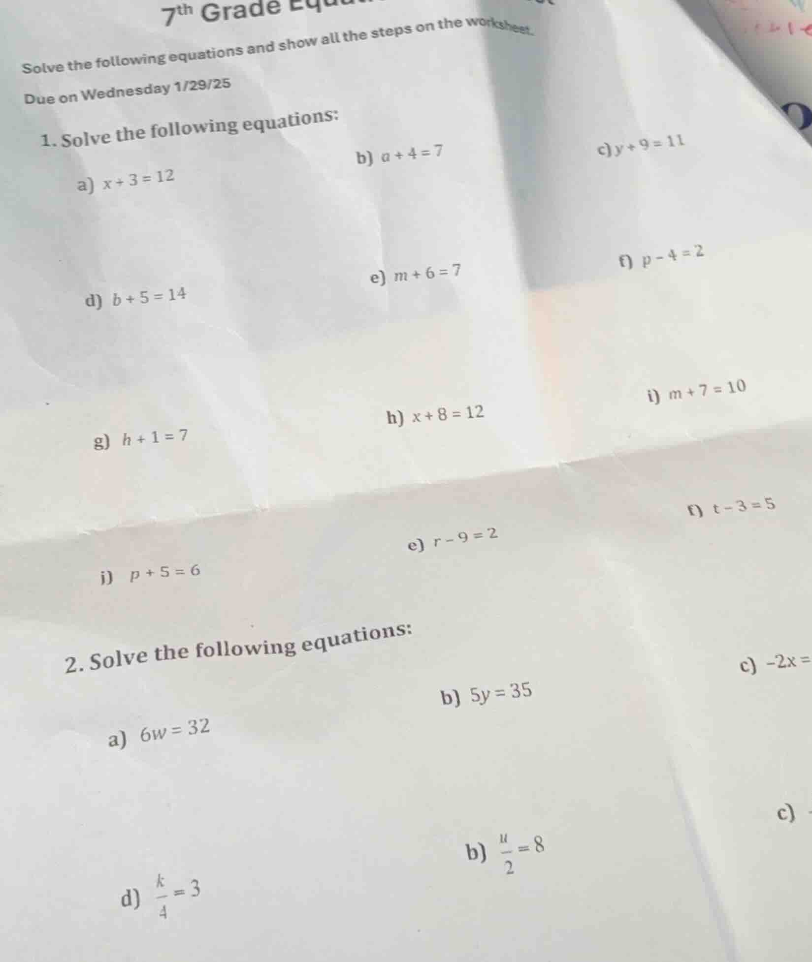 7th grade equsolve the following equations and show all the steps on th…
