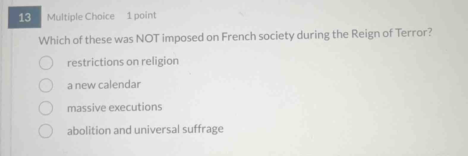 13 multiple choice 1 point which of these was not imposed on french soc…