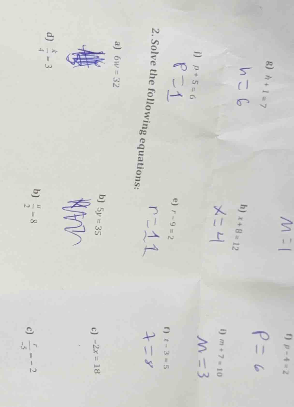 2. solve the following equations: a) ( 6w = 32 ) b) ( 5y = 35 ) c) ( -2…