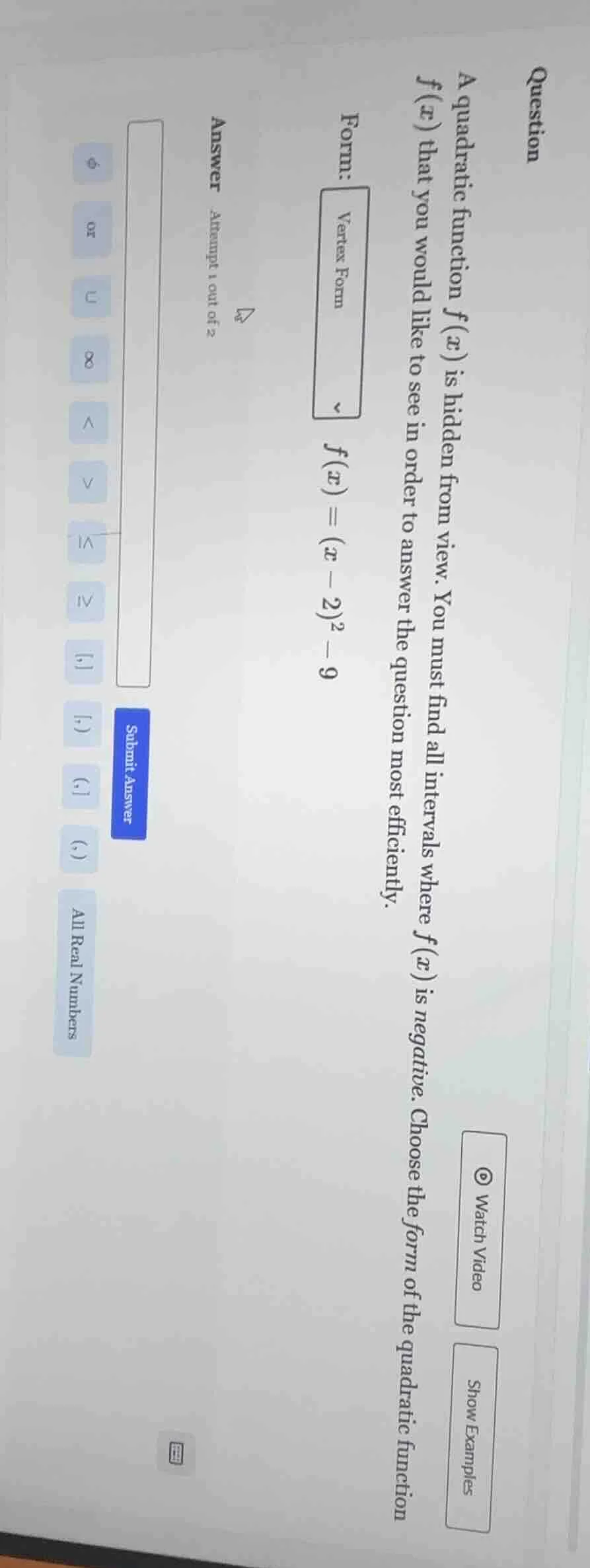 question a quadratic function ( f(x) ) is hidden from view. you must fi…