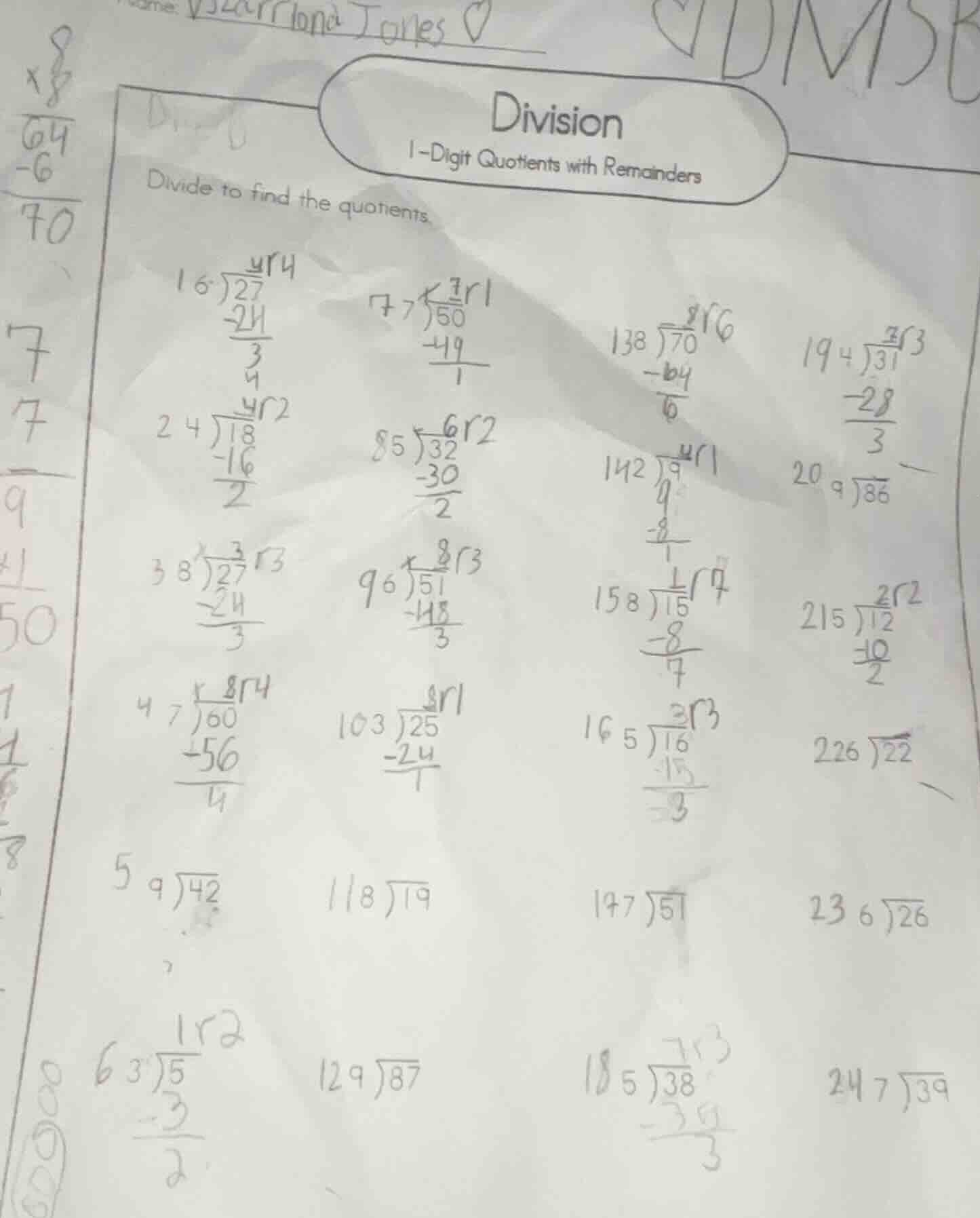 division 1 - digit quotients with remainders divide to find the quotien…