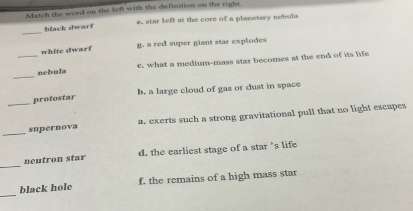 match the word on the left with the definition on the right. ____ black…