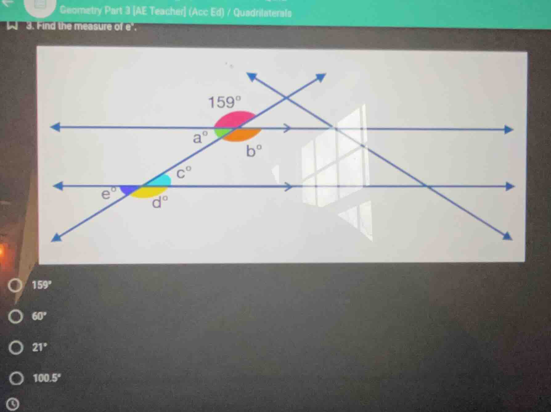 3. find the measure of ( e^circ ). options: ( 159^circ ), ( 60^circ ), …