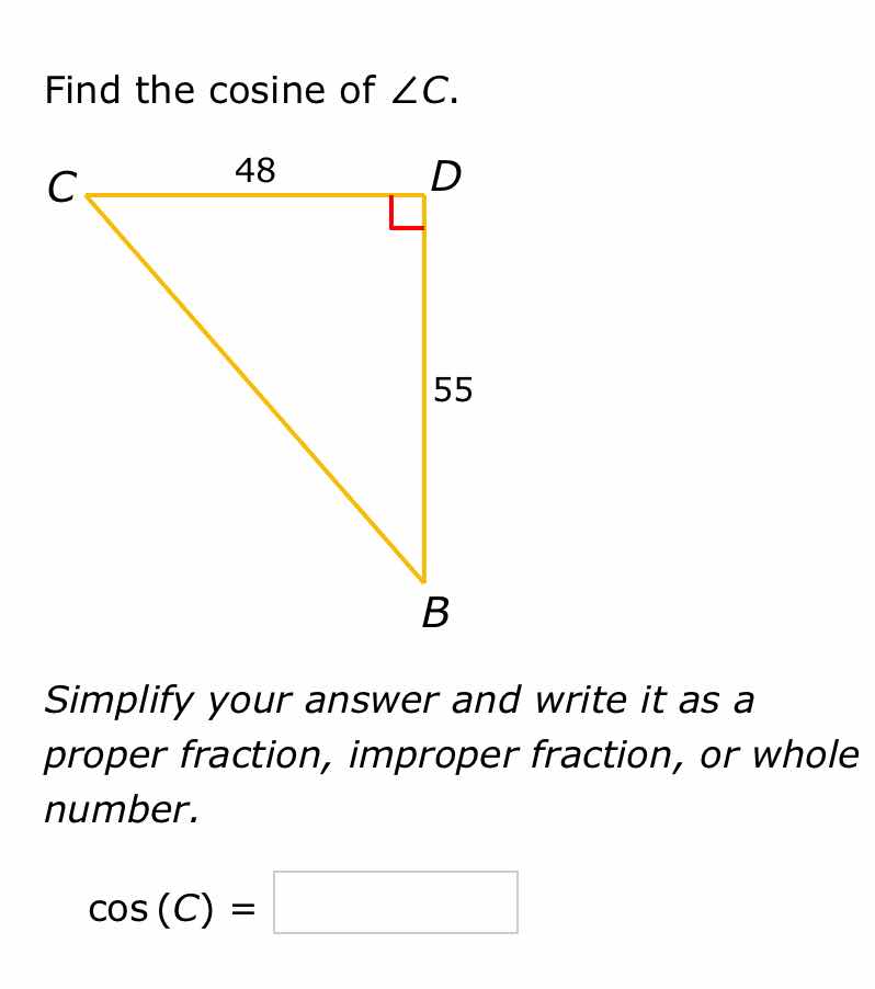 find the cosine of ∠c. simplify your answer and write it as a proper fr…