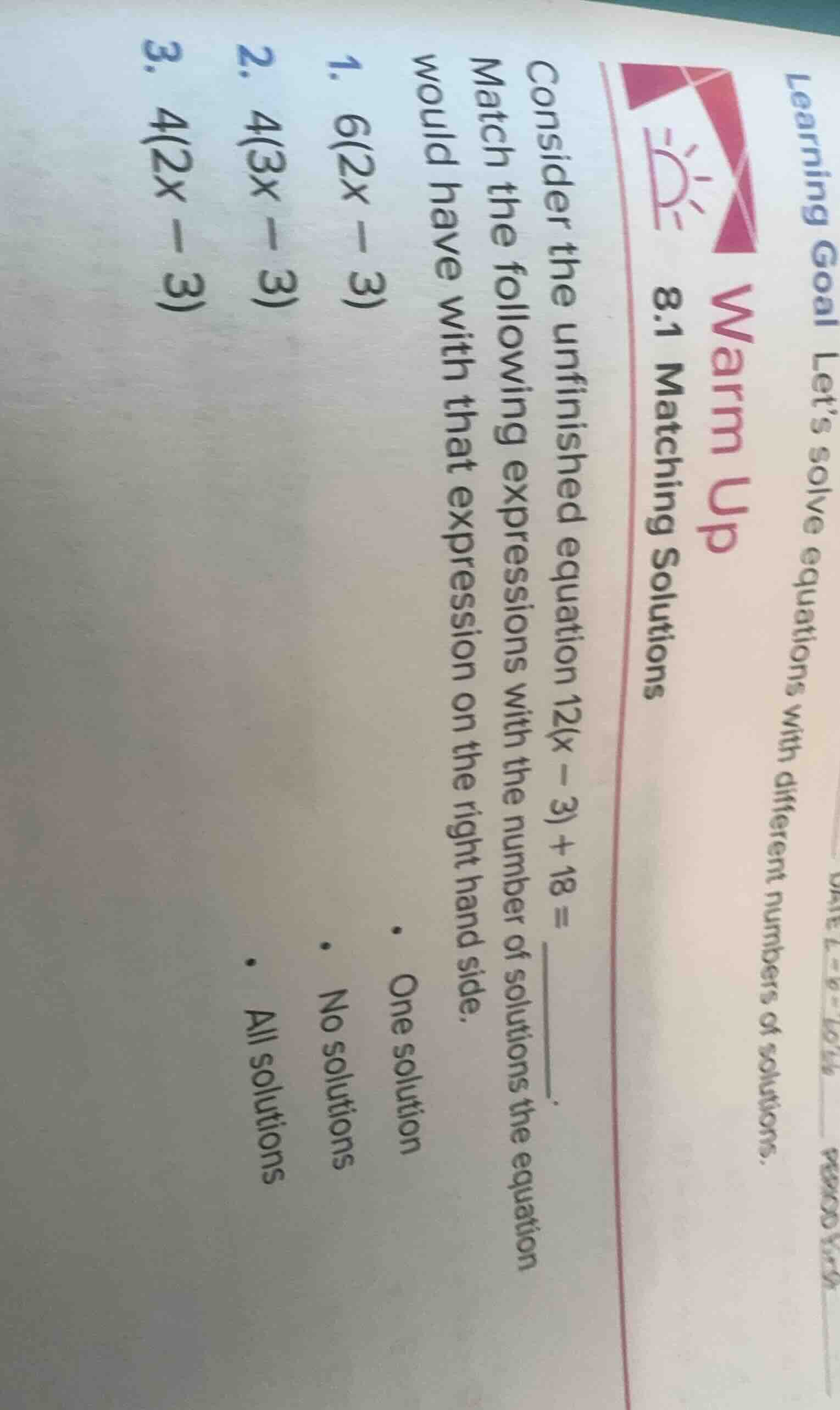warm up 8.1 matching solutions consider the unfinished equation 12x(x -…