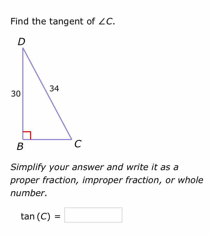 find the tangent of ∠c. simplify your answer and write it as a proper f…