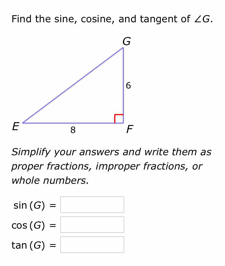 find the sine, cosine, and tangent of ∠g. simplify your answers and wri…