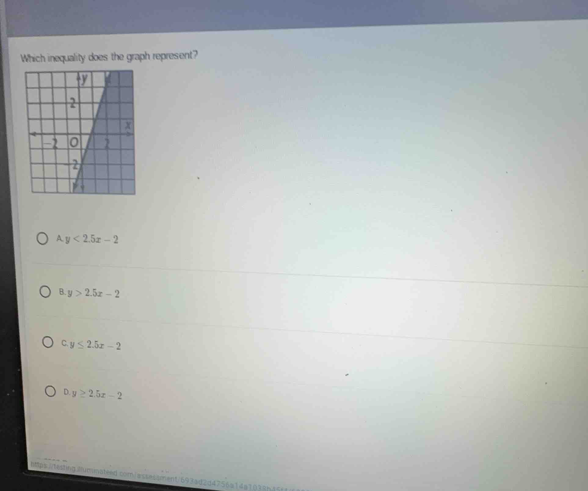 which inequality does the graph represent? a. $y < 2.5x - 2$ b. $y > 2.…