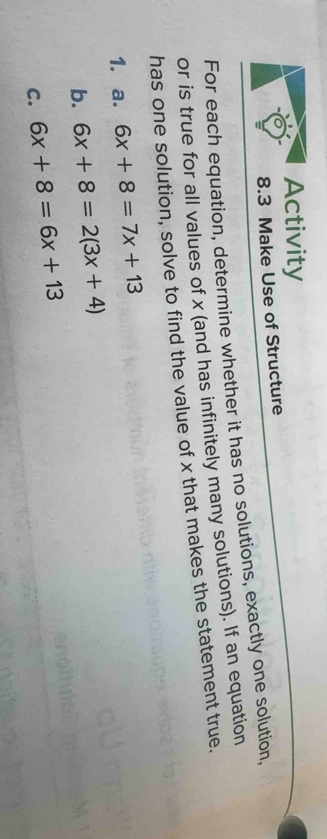 activity 8.3 make use of structure for each equation, determine whether…