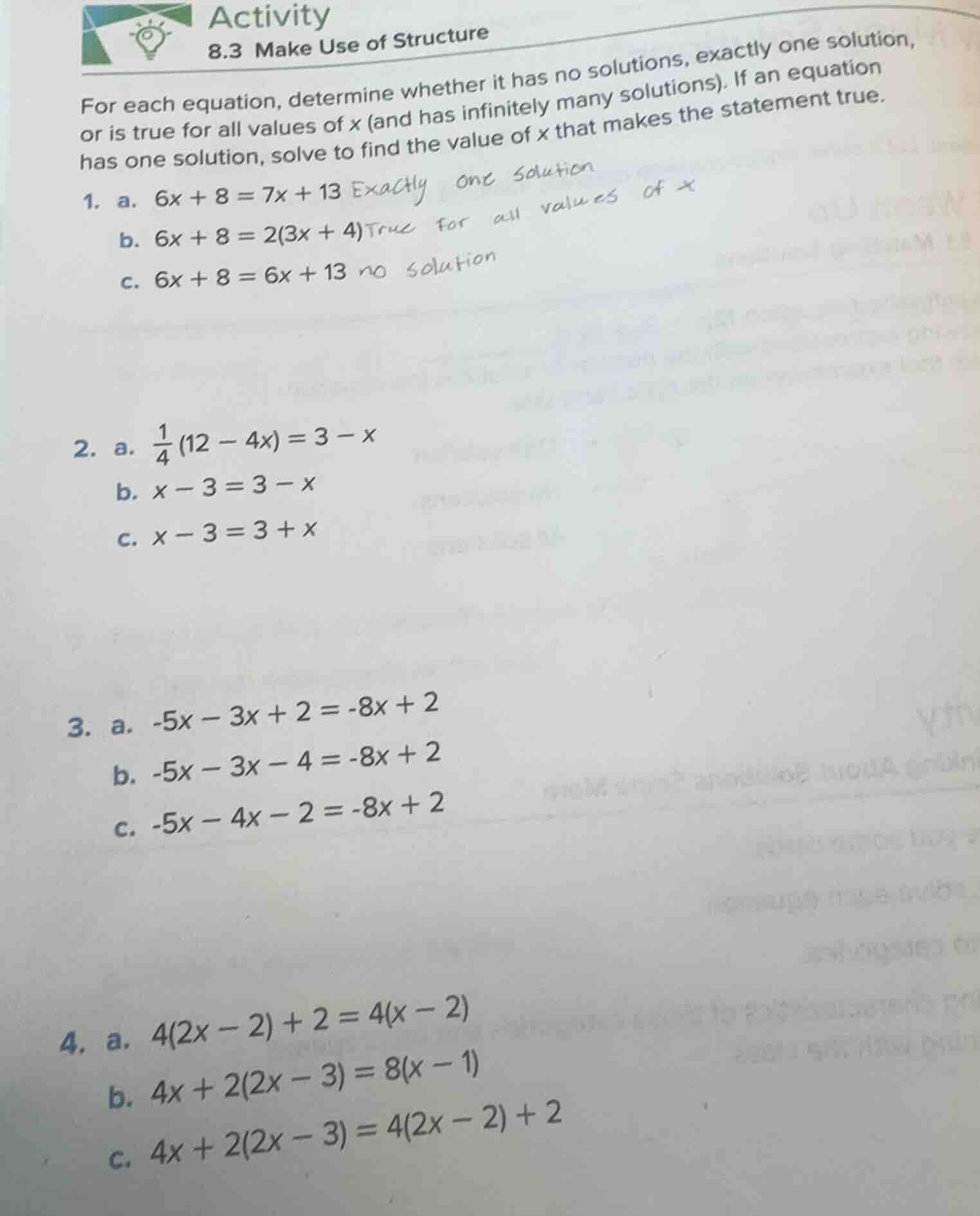 activity 8.3 make use of structure for each equation, determine whether…