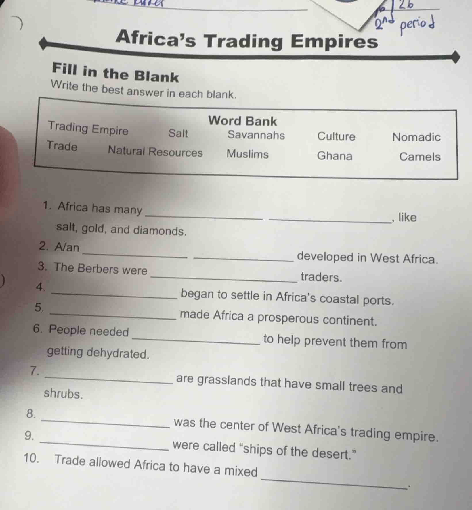 africa’s trading empires fill in the blank write the best answer in eac…