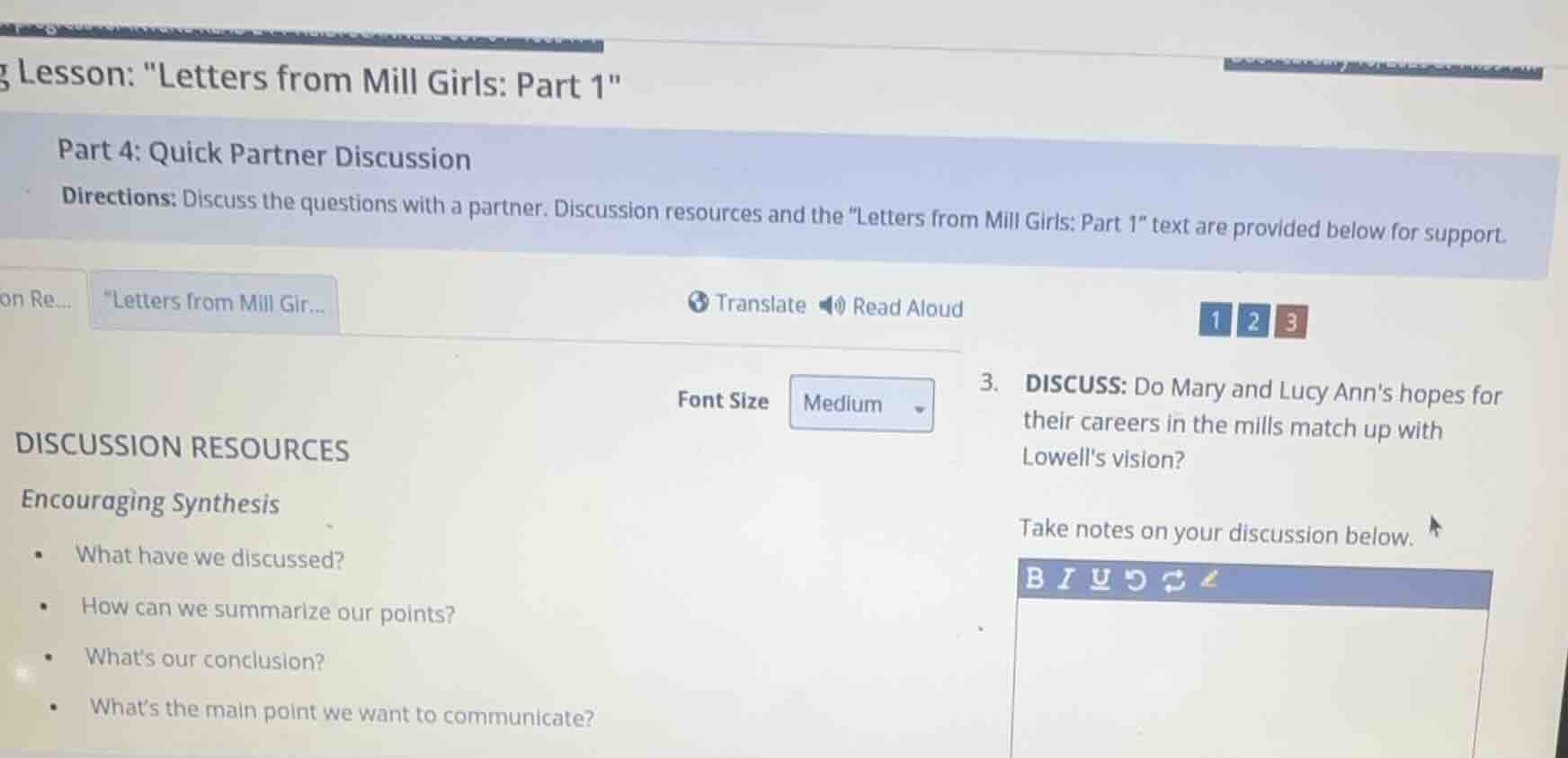 g lesson: \letters from mill girls: part 1\ part 4: quick partner discu…