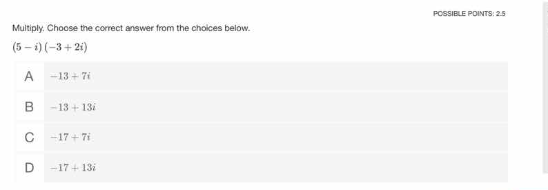 multiply. choose the correct answer from the choices below. $(5 - i)(-3…