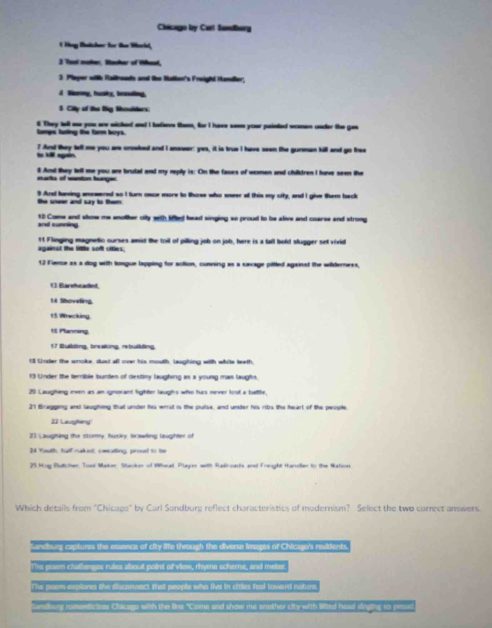 chicago by carl sandburg 1 hog butcher for the world, 2 tool maker, sta…