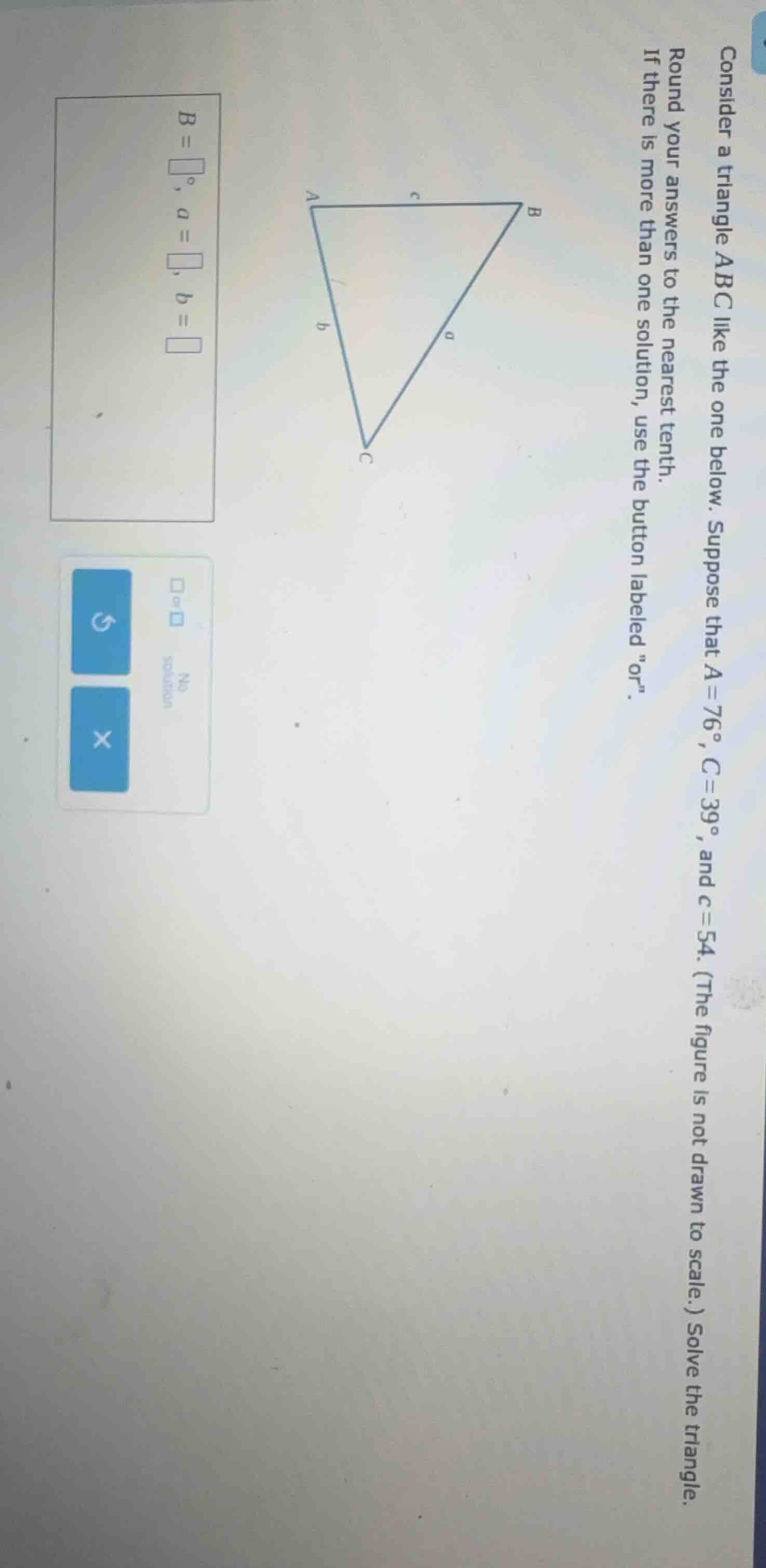 consider a triangle abc like the one below. suppose that a = 76°, c = 3…