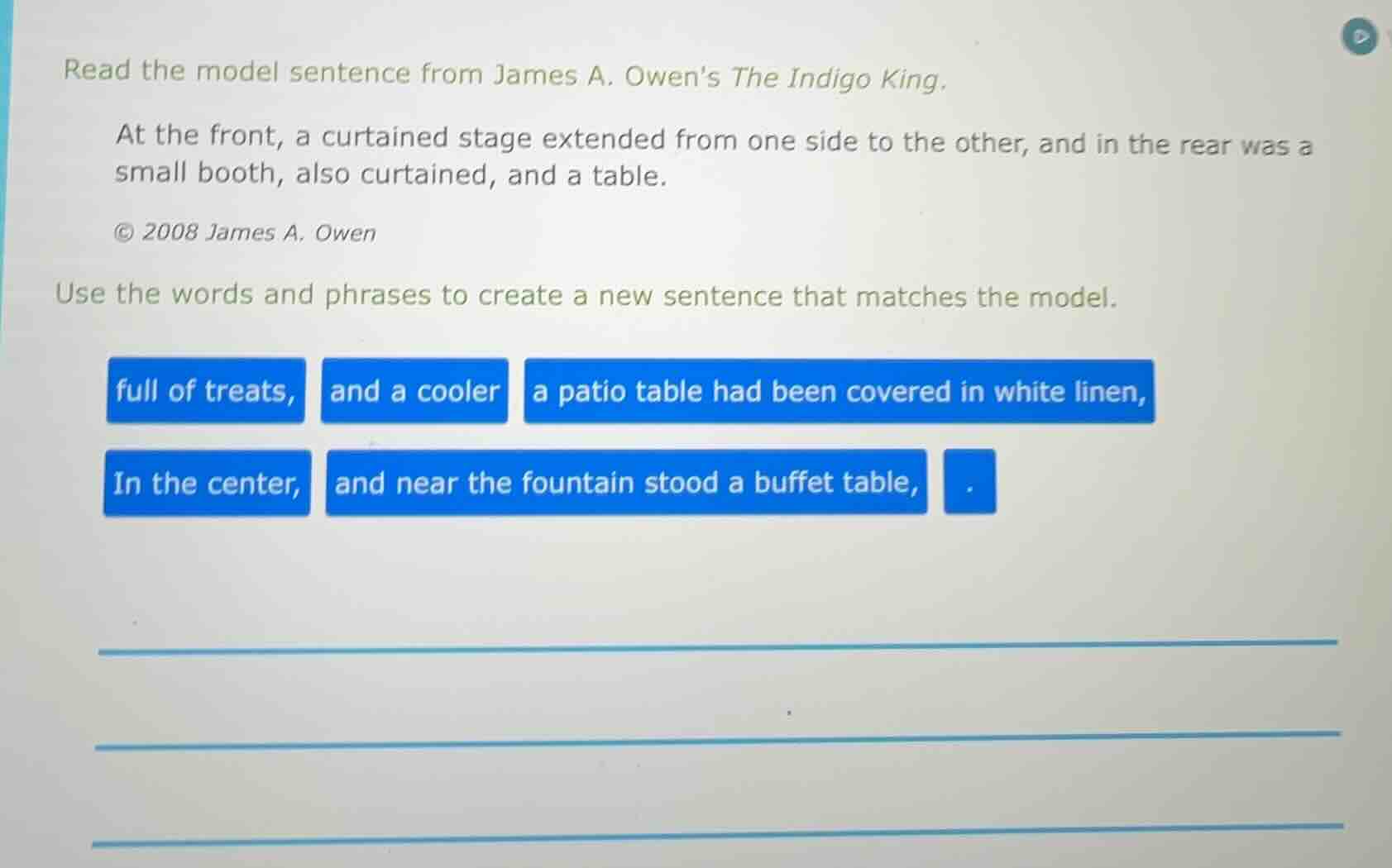 read the model sentence from james a. owens the indigo king. at the fro…