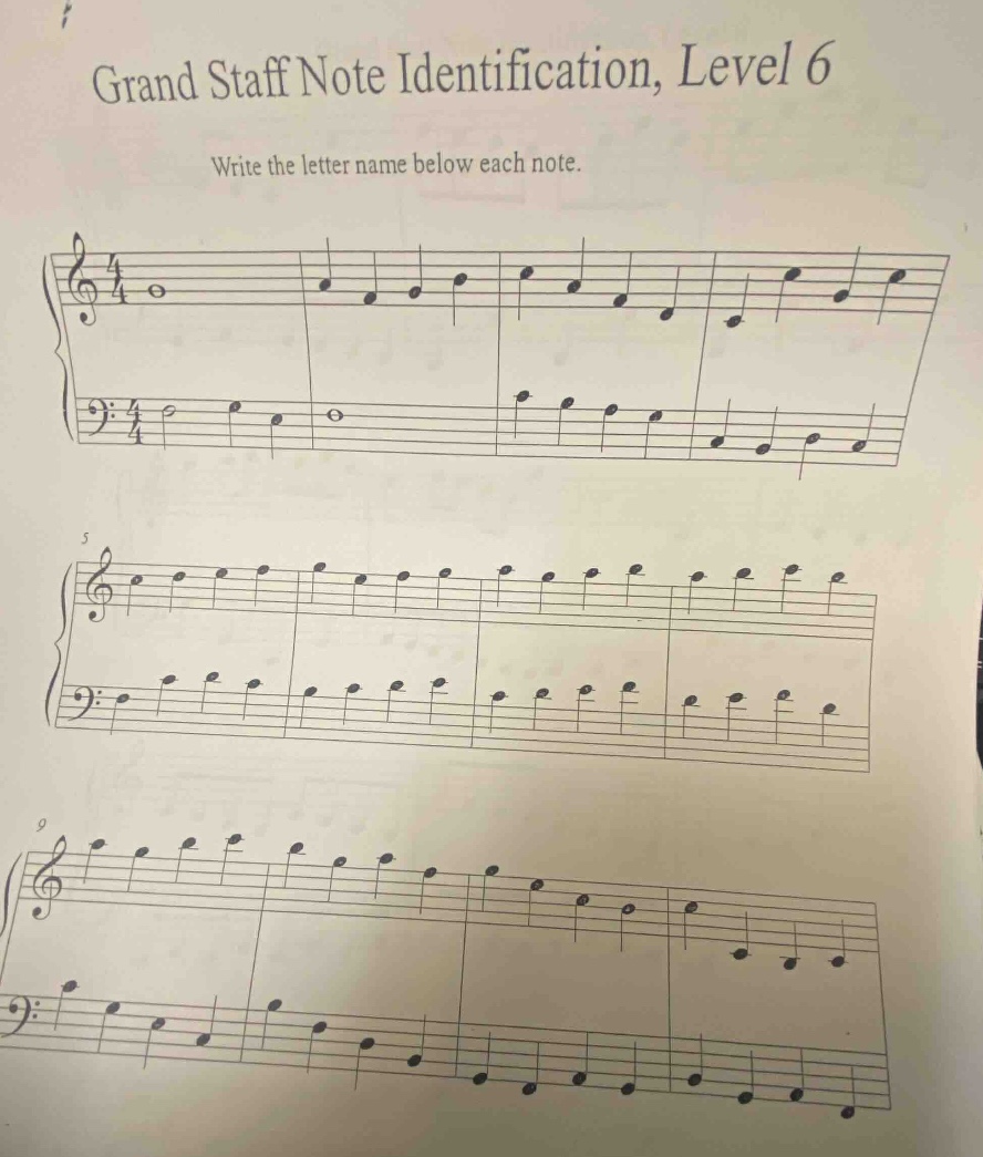 grand staff note identification, level 6 write the letter name below ea…