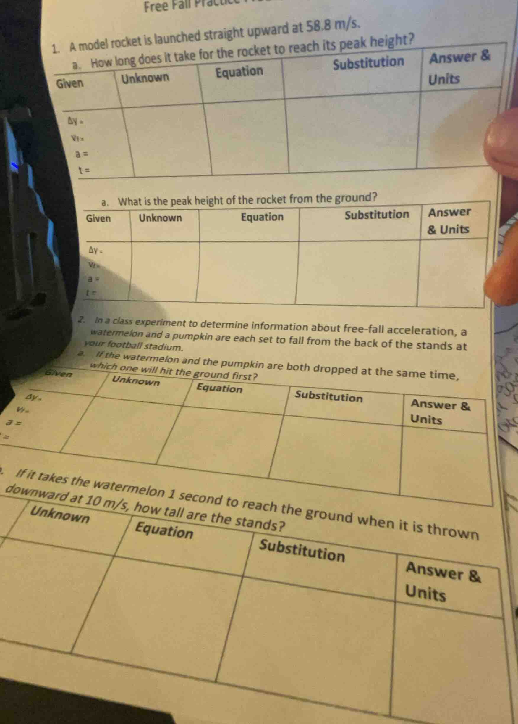 free fall practice 1. a model rocket is launched straight upward at 58.…