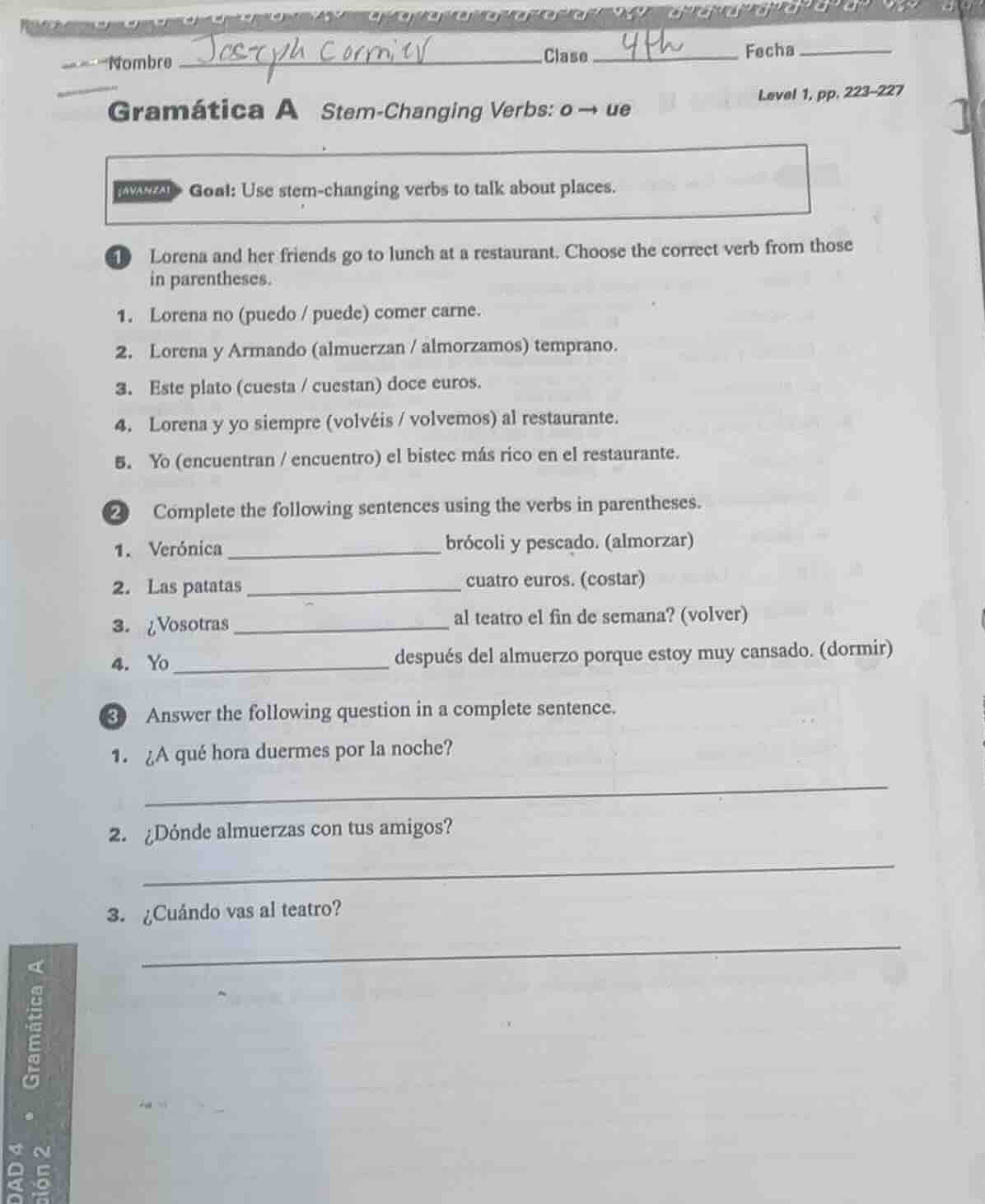 nombre joseph cormier clase 9th fecha level 1, pp. 223 - 227 gramática …