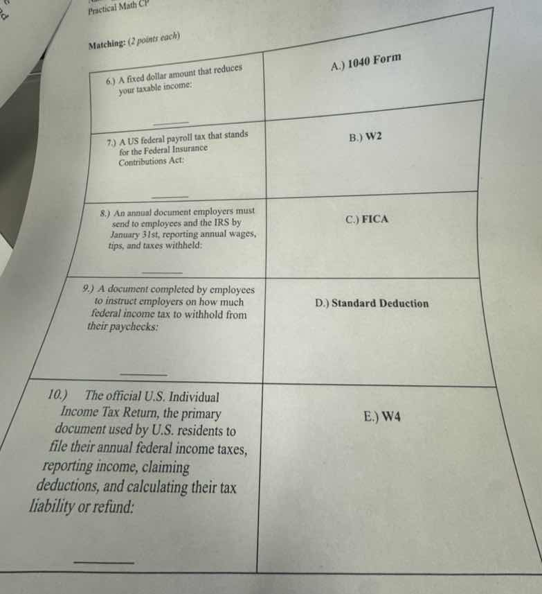 practical math cp matching: (2 points each) 6.) a fixed dollar amount t…