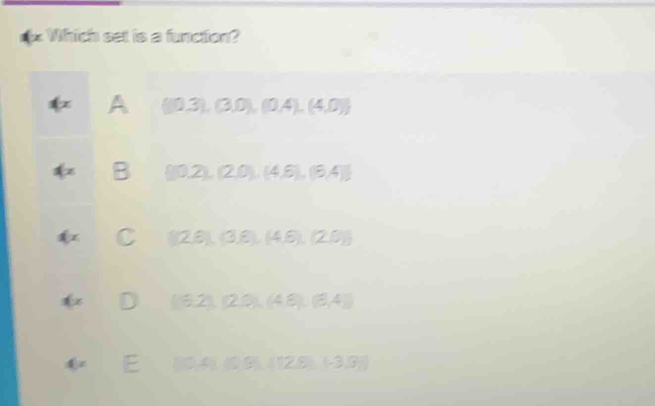 which set is a function? a {(0,3), (3,0), (0,4), (4,0)} b {(0,2), (2,0)…