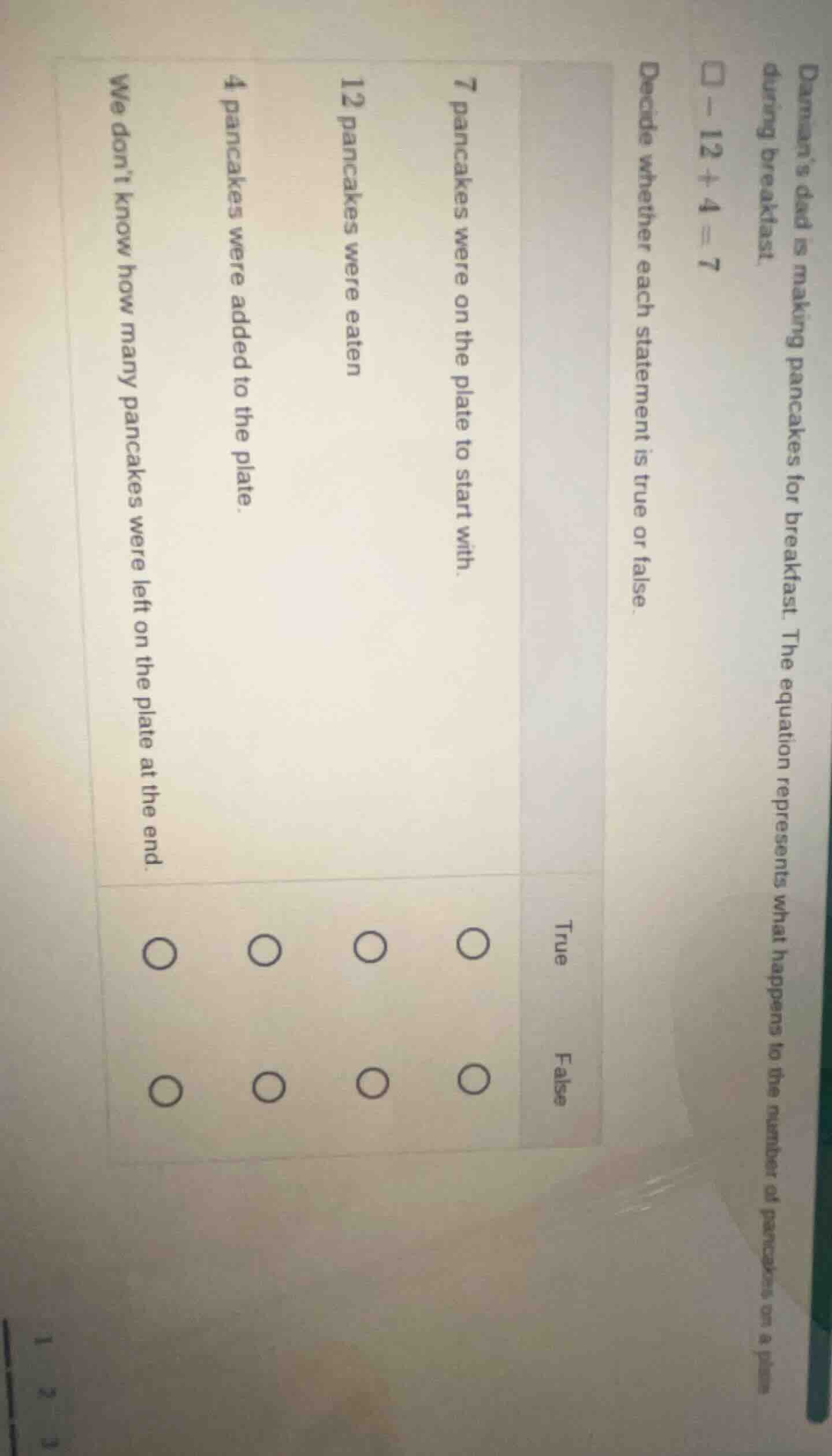 damian’s dad is making pancakes for breakfast. the equation represents …