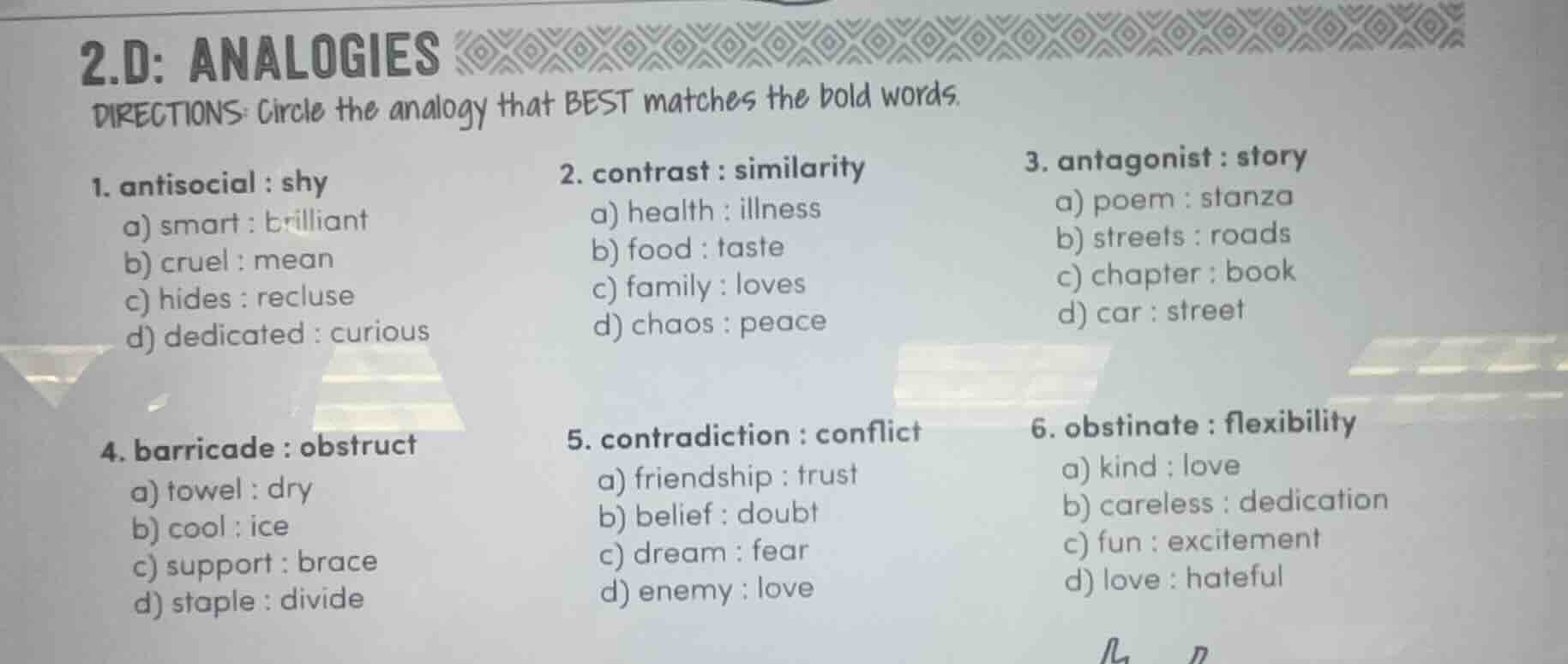 2.d: analogies directions: circle the analogy that best matches the bol…