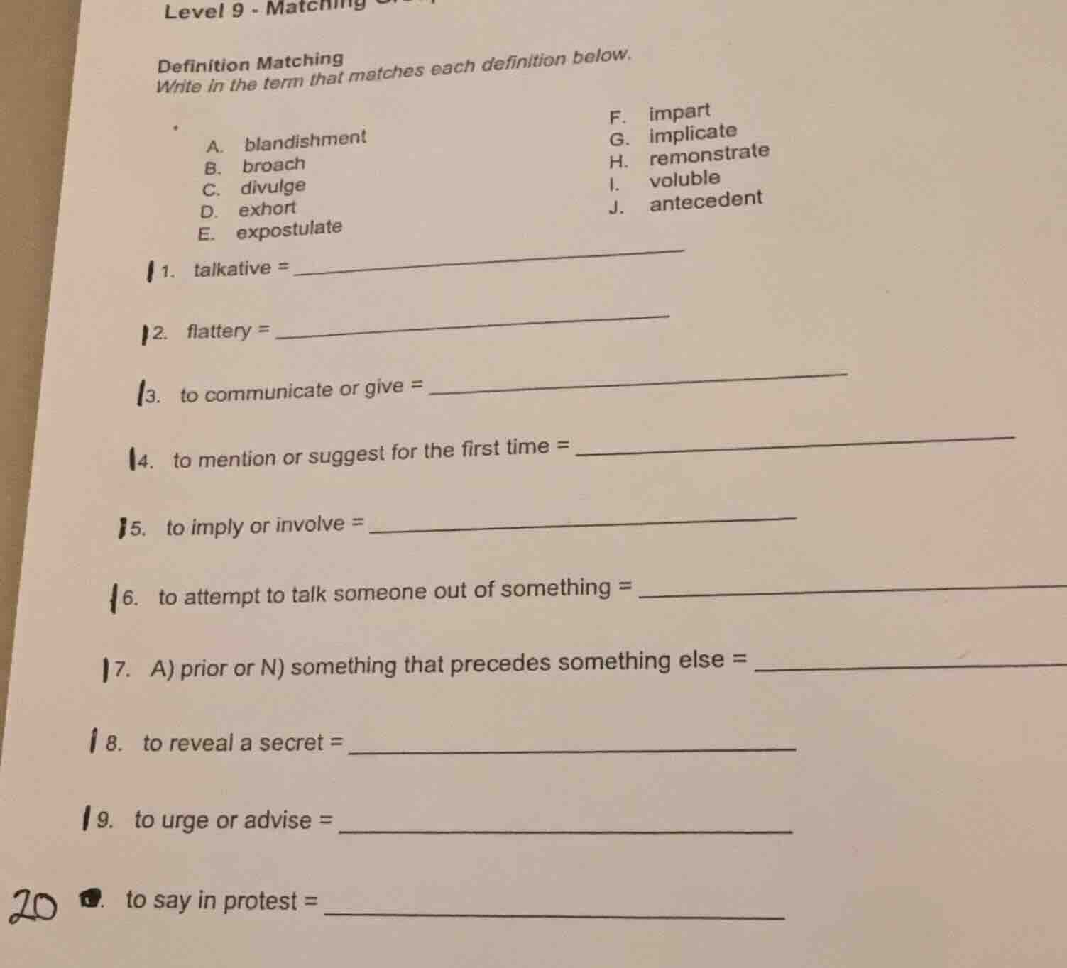 level 9 - matching definition matching write in the term that matches e…