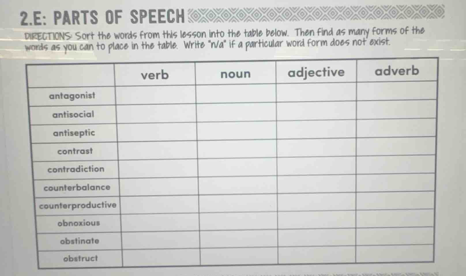 2.e: parts of speech directions: sort the words from this lesson into t…