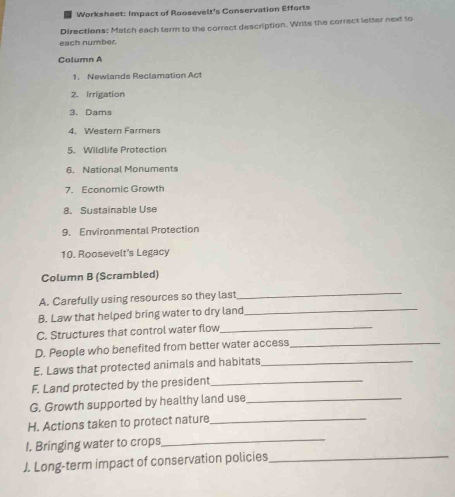 worksheet: impact of roosevelt’s conservation efforts directions: match…